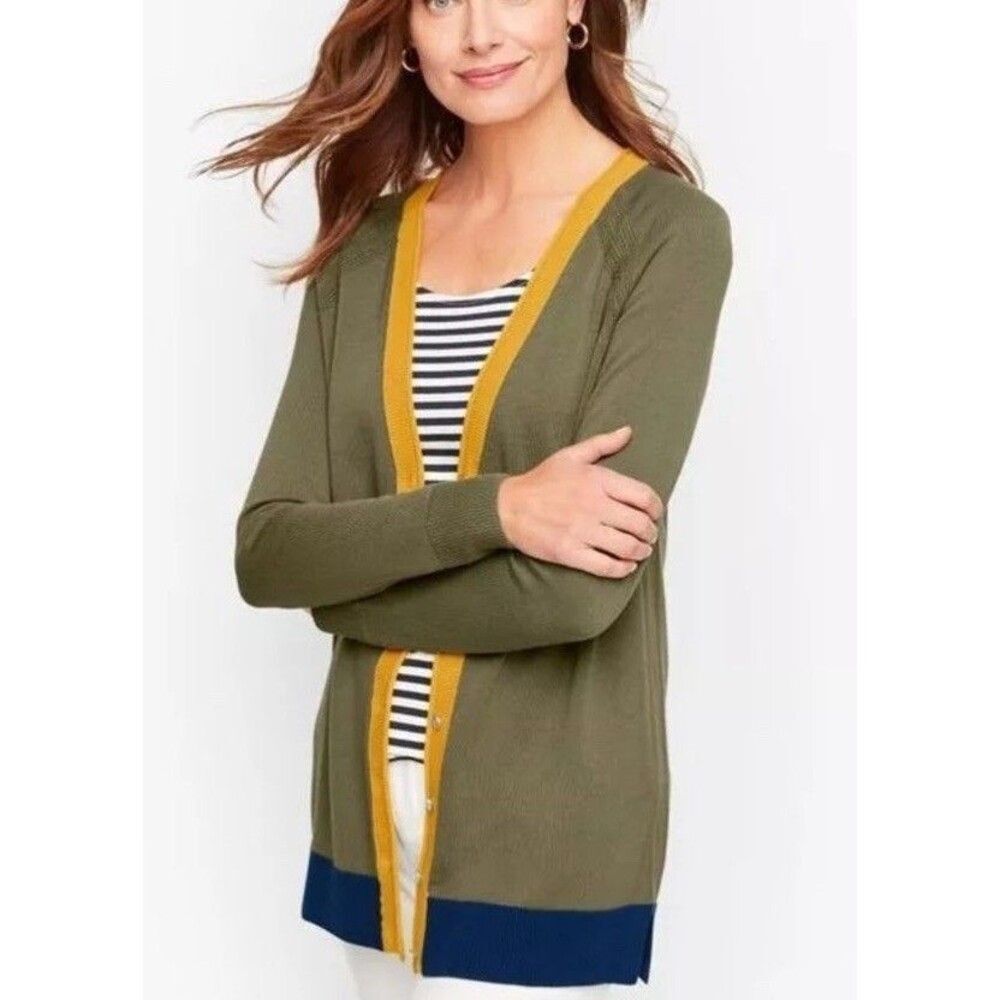 Talbots Sagebrush Olive Gold Tipped Girlfriend Cardigan Sweater Size Large